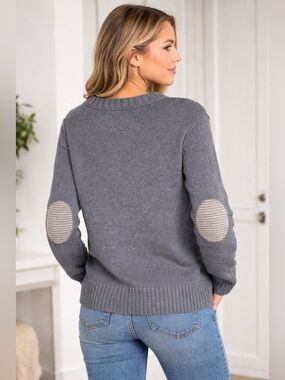 American Eagle Charcoal Crew Neck Sweater Elbow Patch Cozy Knit